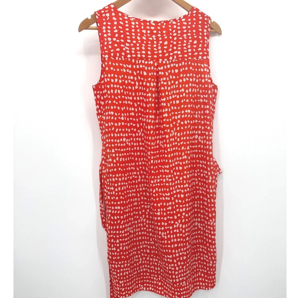 Ann Taylor Shift Womens Dress M Orange White Polka Dot Sleeveless Belted V-Neck